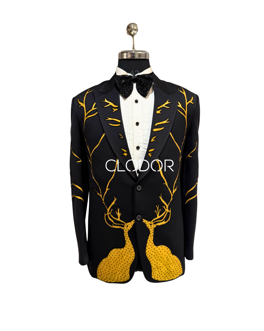 Artistic Embellished Stag Tuxedo Ensemble for men in black Japanese fabric with hand-painted stag motif and hand embroidery –