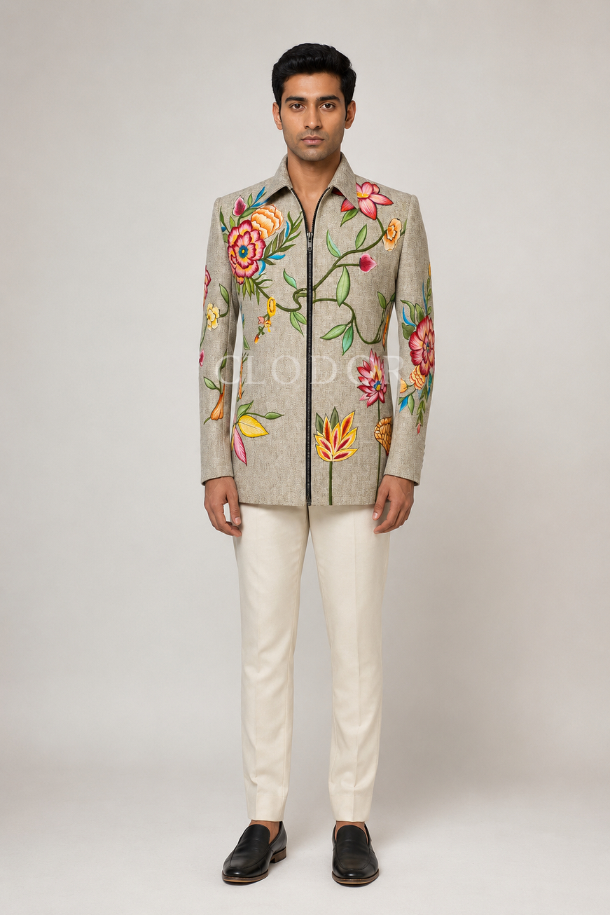 Botanica Bloom hand painted jacket for men in handloom fabric with vibrant floral artwork