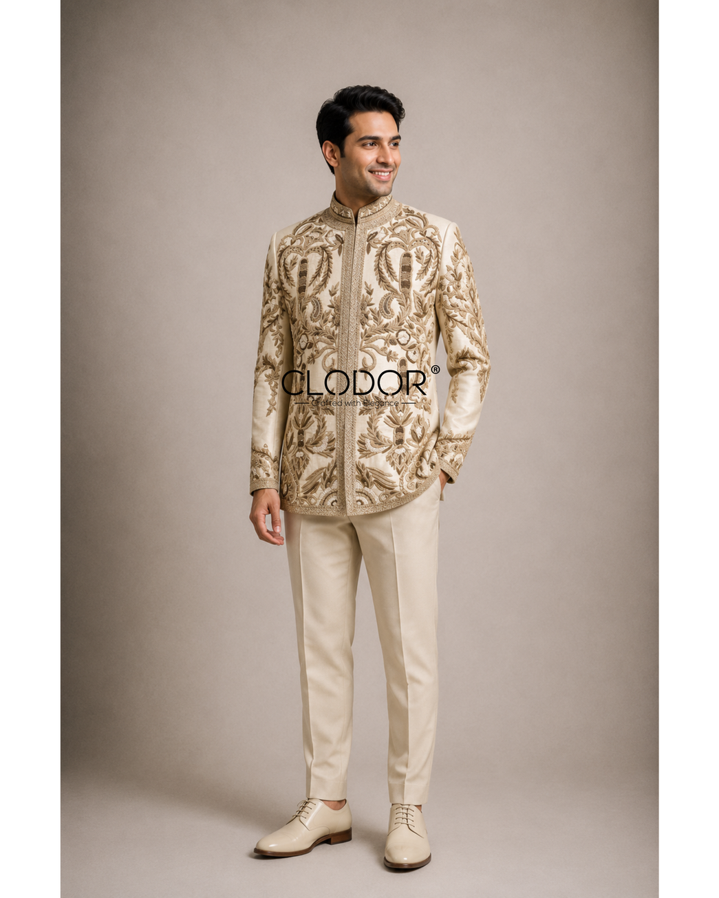 Heritage Golden Dupion Silk Bandhgala Set for groom in 100gm pure silk with super heavy dabka hand embroidery