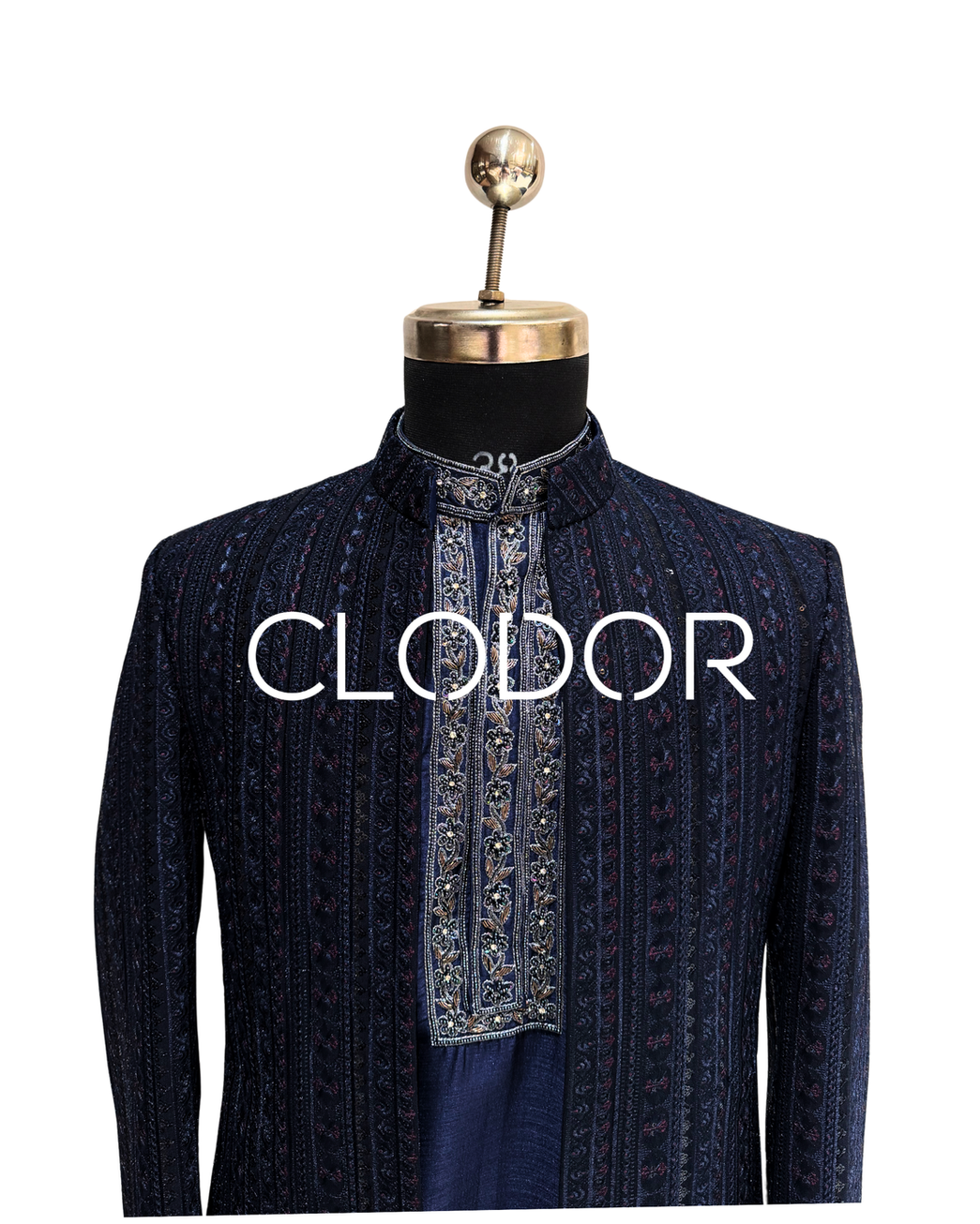 Hand-worked neckline detailing on midnight blue silk kurta