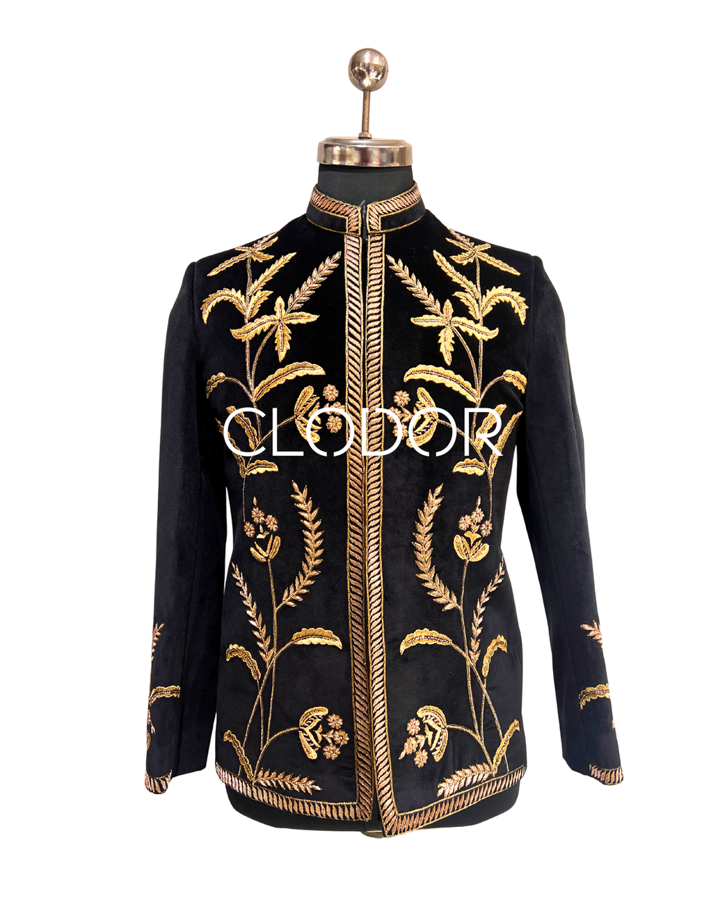 Regal Black Zardozi Velvet Bandhgala Ensemble for men in cotton velvet with heavy golden zardozi hand embroidery – bespoke by