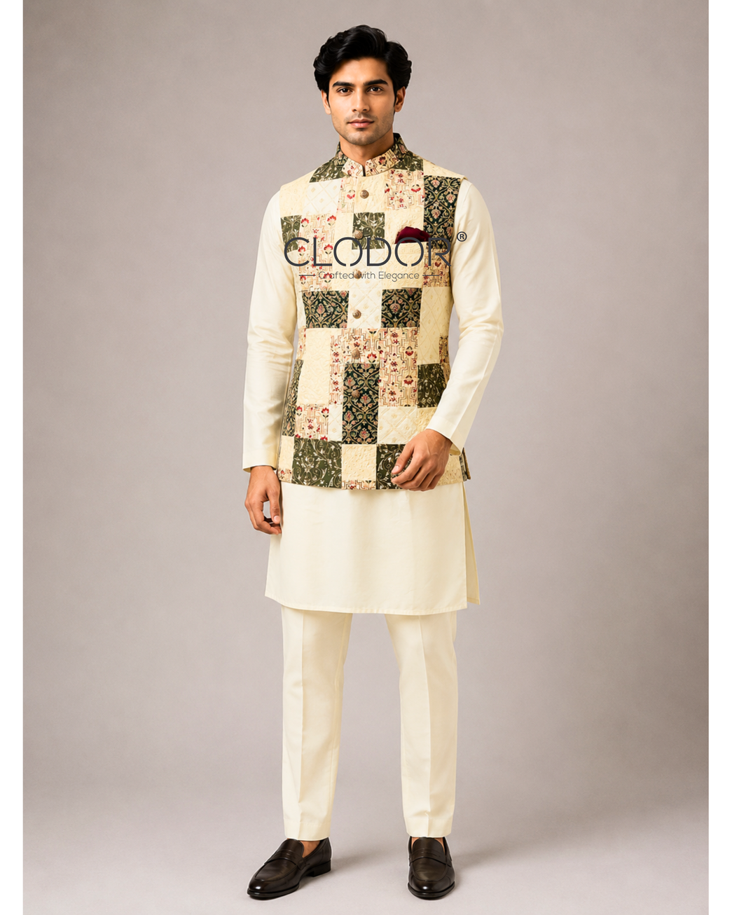 Full length patchwork bandi kurta set with off-white silk kurta and trousers – bespoke menswear by Clodor