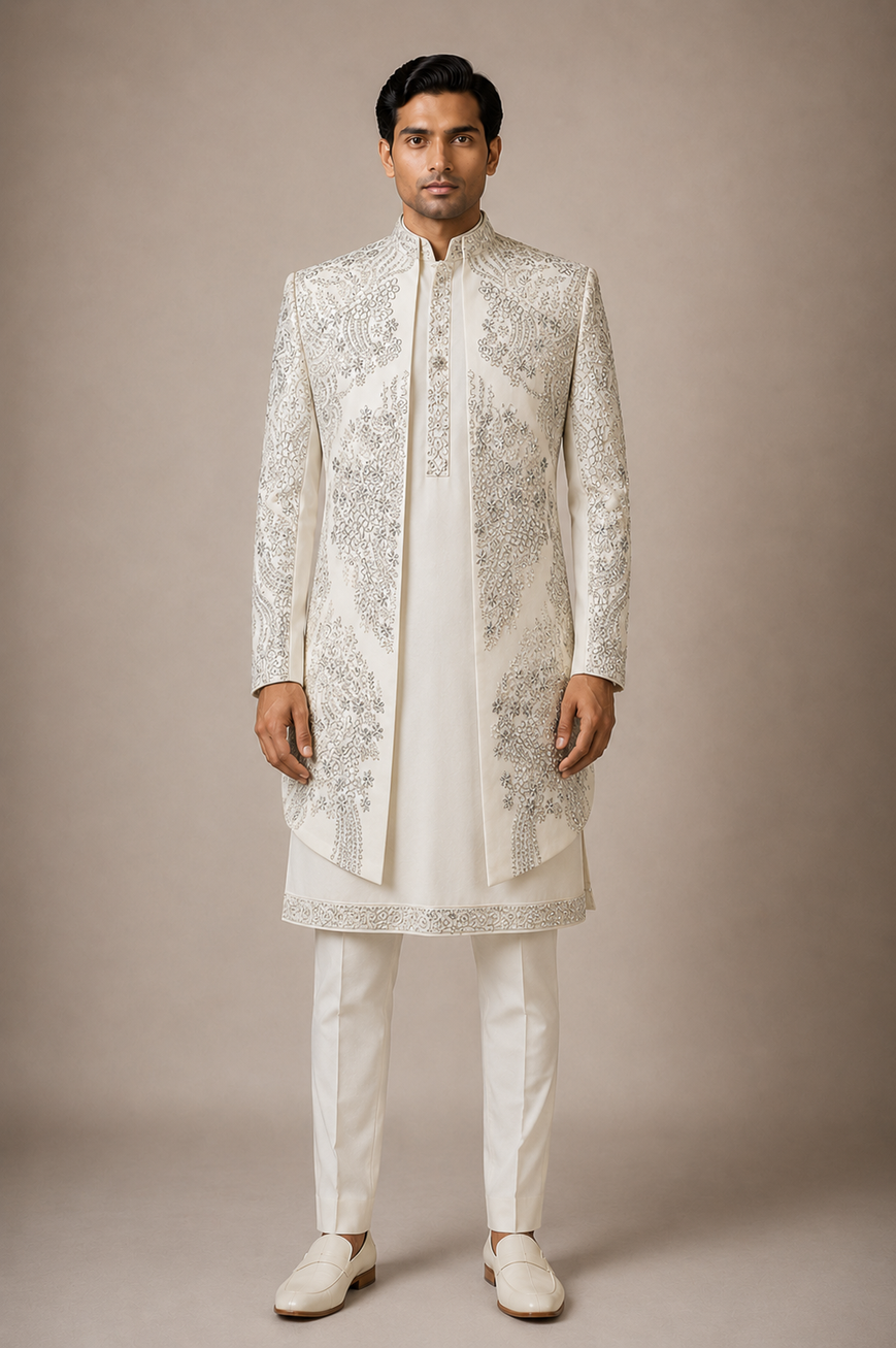 Men's Ivory Embroidered Shrug Set in Japanese crepe with intricate resham and zari embroidery by CLODOR