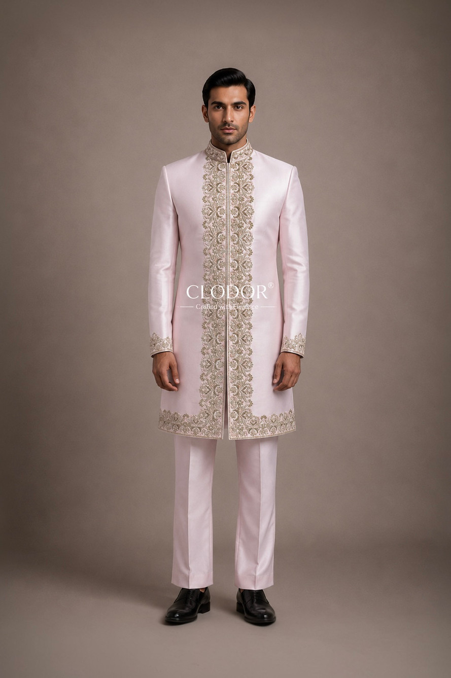Full length pink achkan set with coordinated same tone trousers