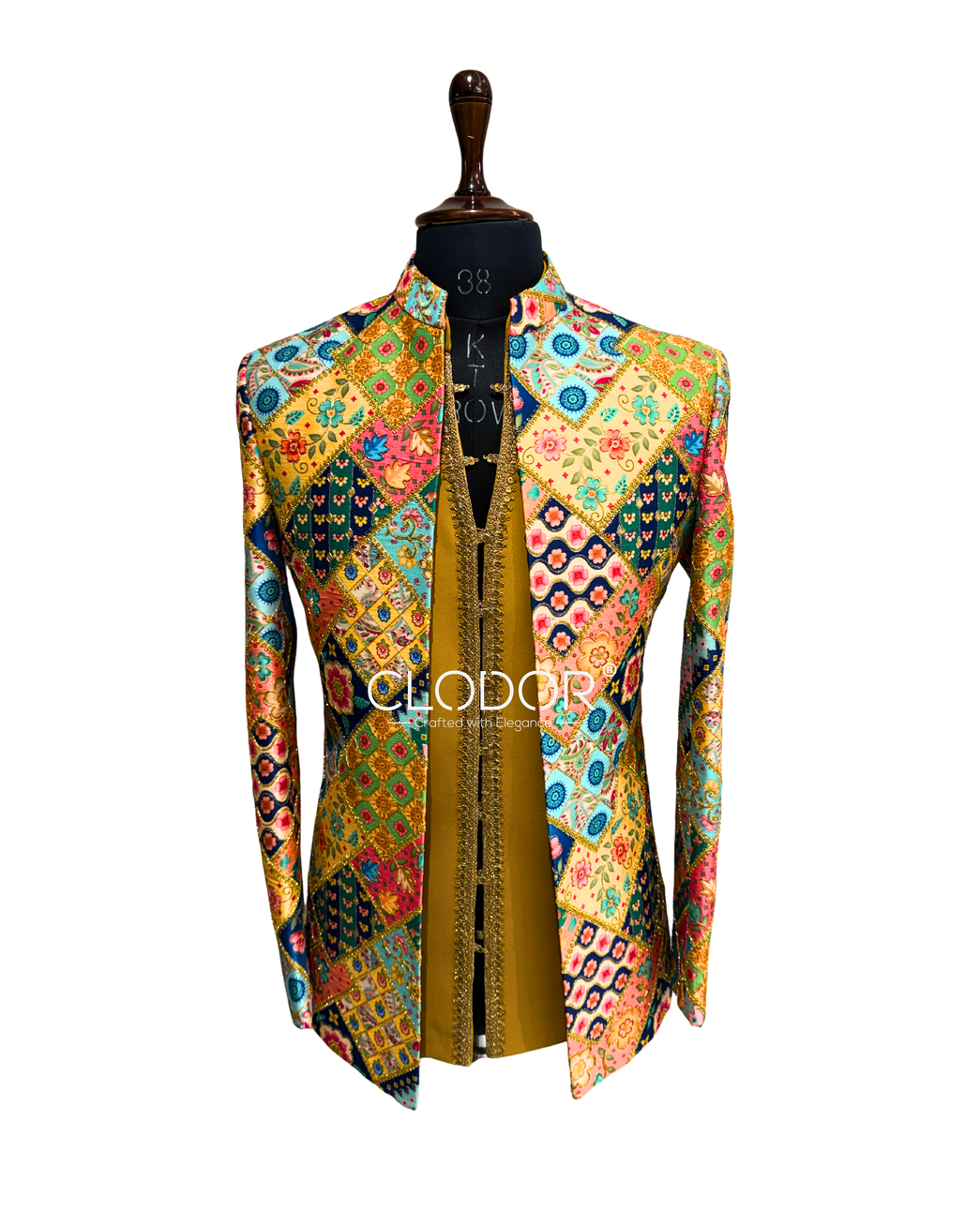 3. Multicolour embroidered short shrug over mustard sleeveless jacket with handcrafted ivory flared trousers — bespoke by Clo