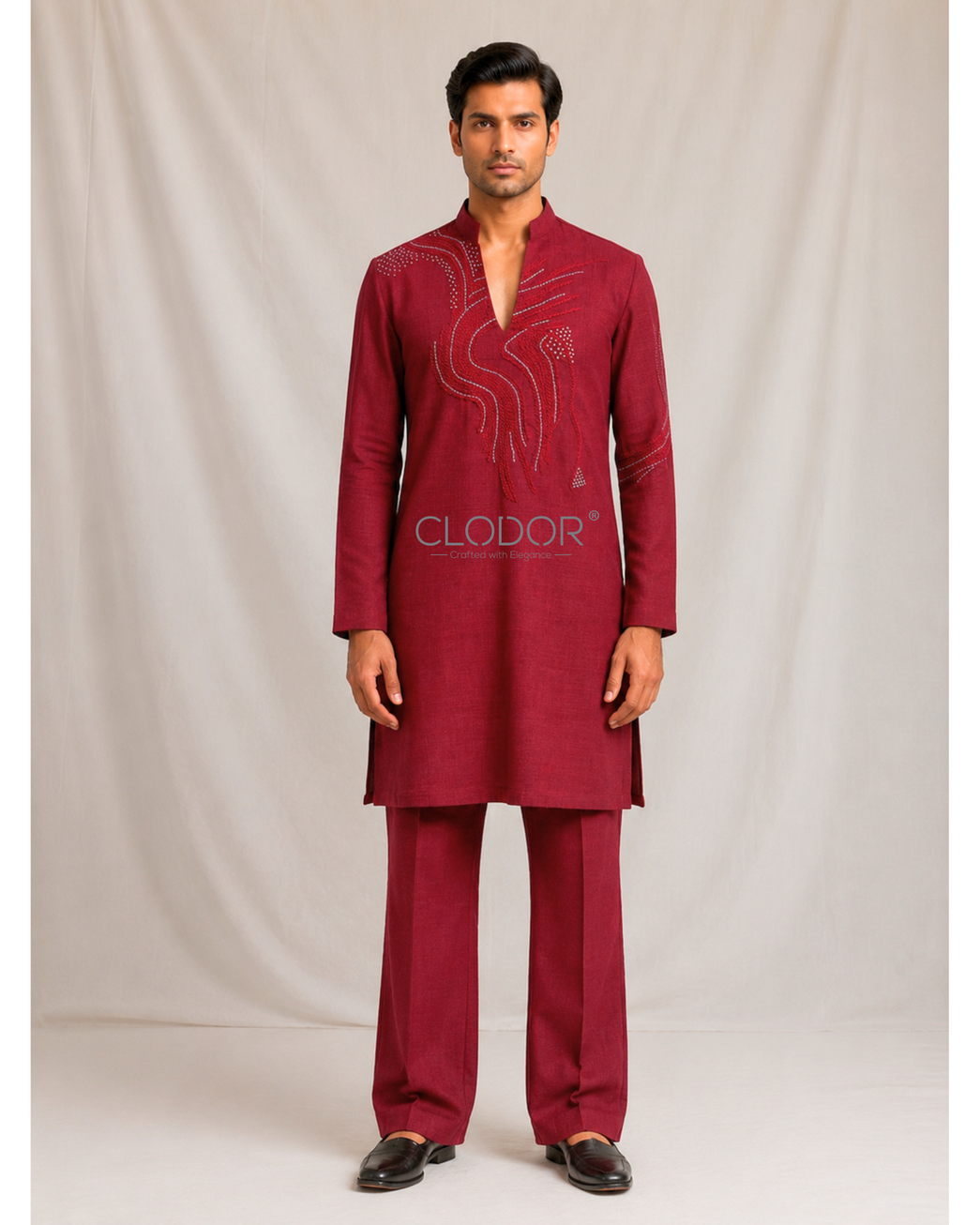 Crimson linen kurta set with anchor thread embroidery – festive menswear by Clodor Bhopal