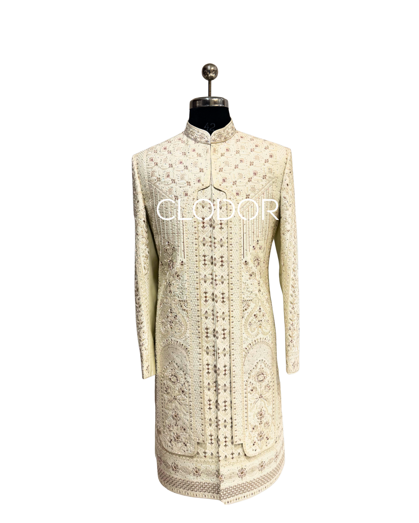 Structured regal cut of ivory embroidered sherwani for modern groom