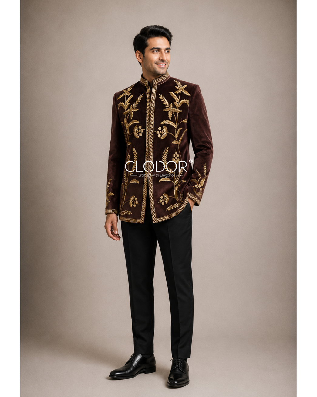 Full length maroon velvet bandhgala with black trousers – bespoke menswear by Clodor