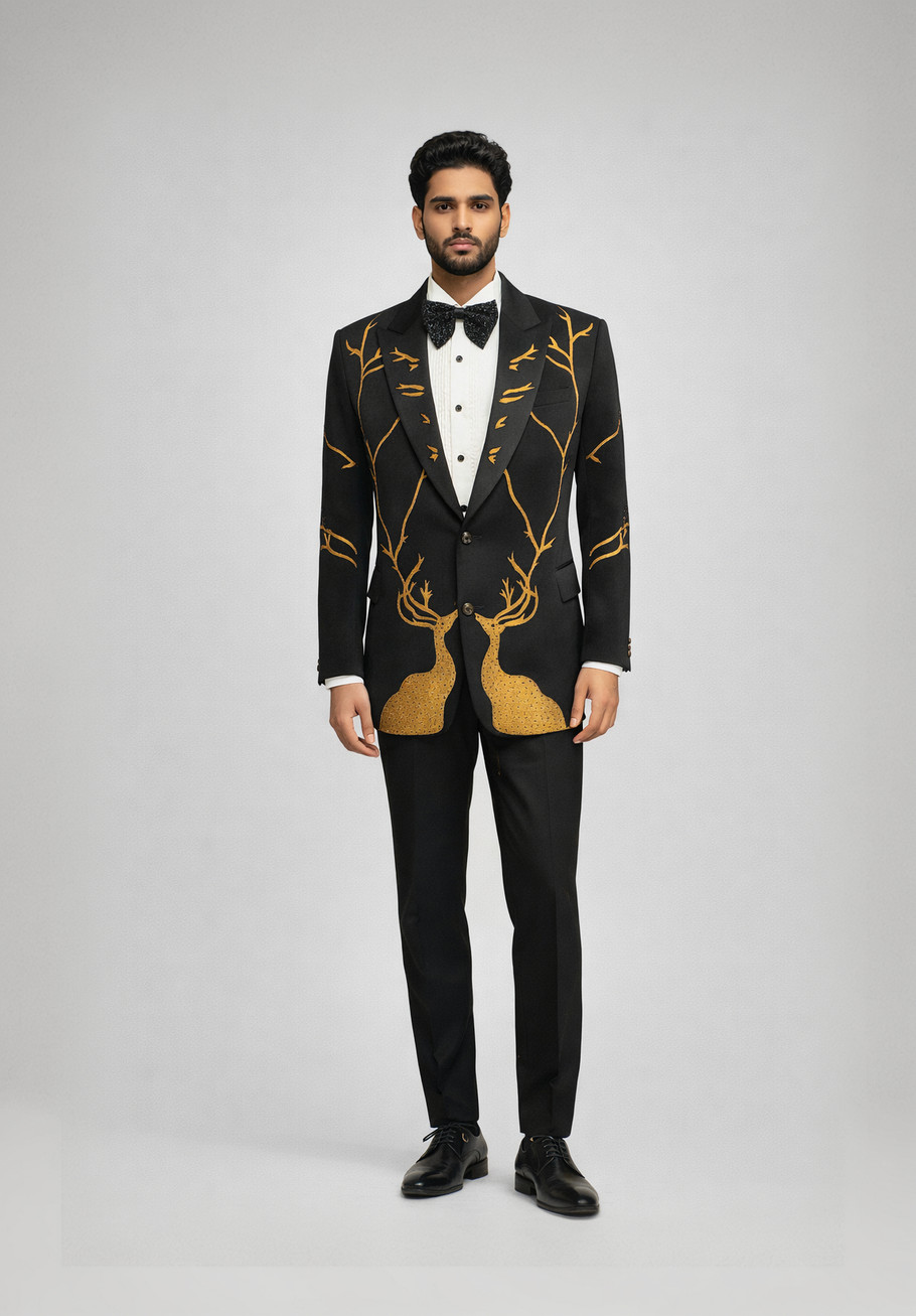Full length black tuxedo with white pintucks shirt and black trousers – bespoke menswear by Clodor