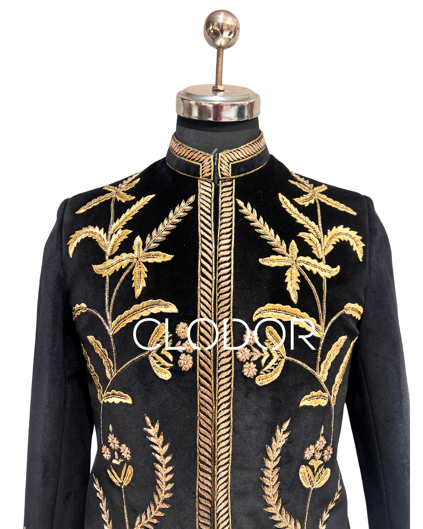 Intricate golden zardozi hand embroidery motifs on black cotton velvet bandhgala – Clodor