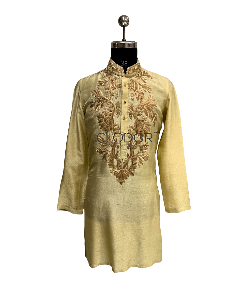 Golden Slub Silk Resham Embroidered Kurta Ensemble for men with dark golden-brown resham hand embroidery on neckline – bespok