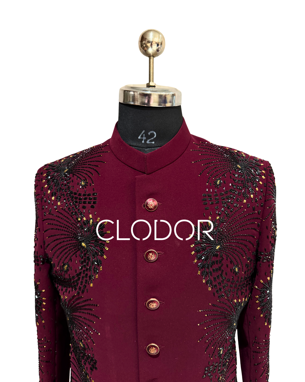Smooth luxurious Japanese crepe fabric in rich wine tone on indo-western ensemble