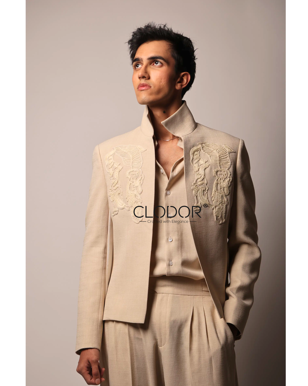 Ivory Edge applique crop jacket set for men in linen with intricate applique work