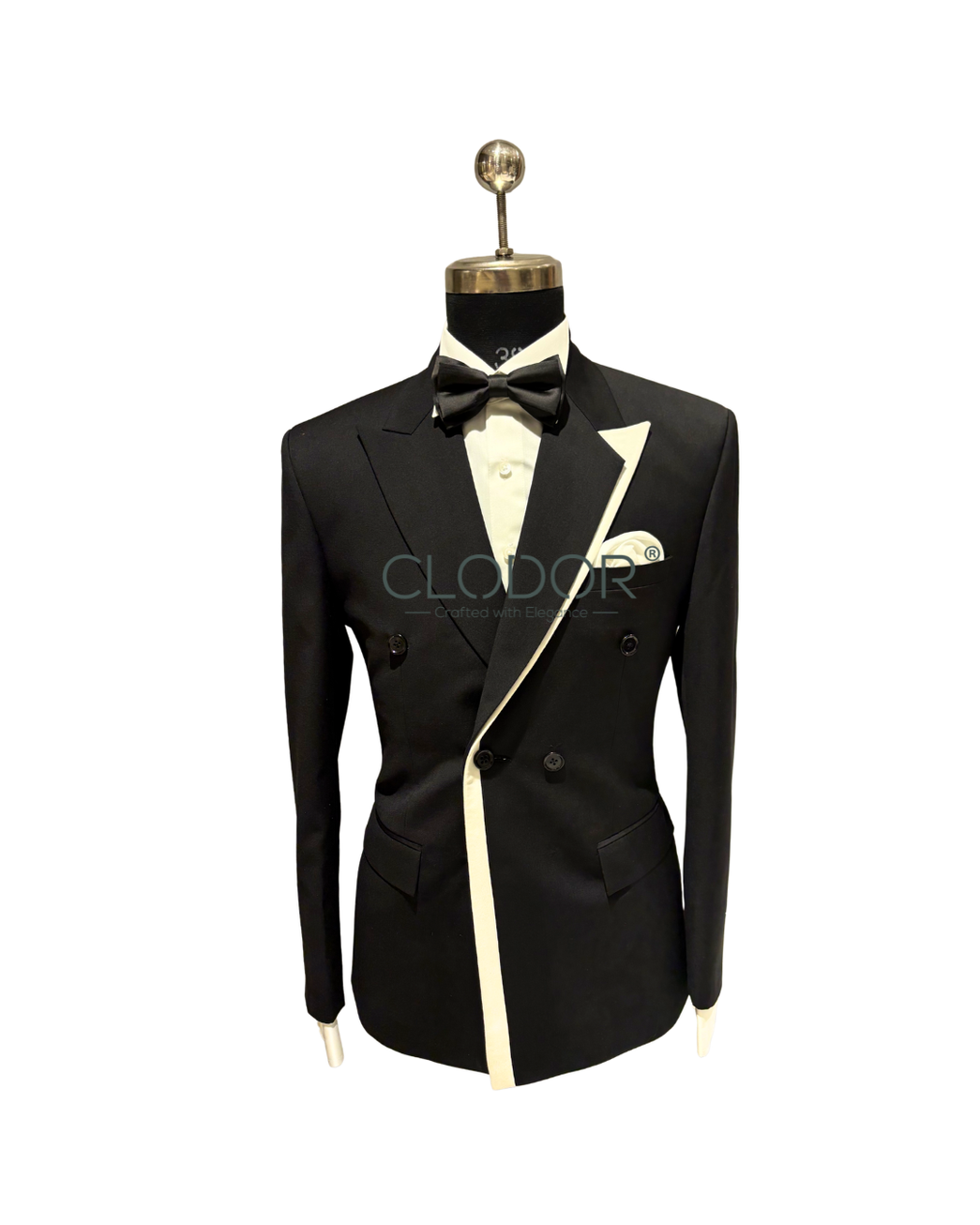 Full length double breasted tuxedo set with white shirt and black bow tie – bespoke menswear by Clodor