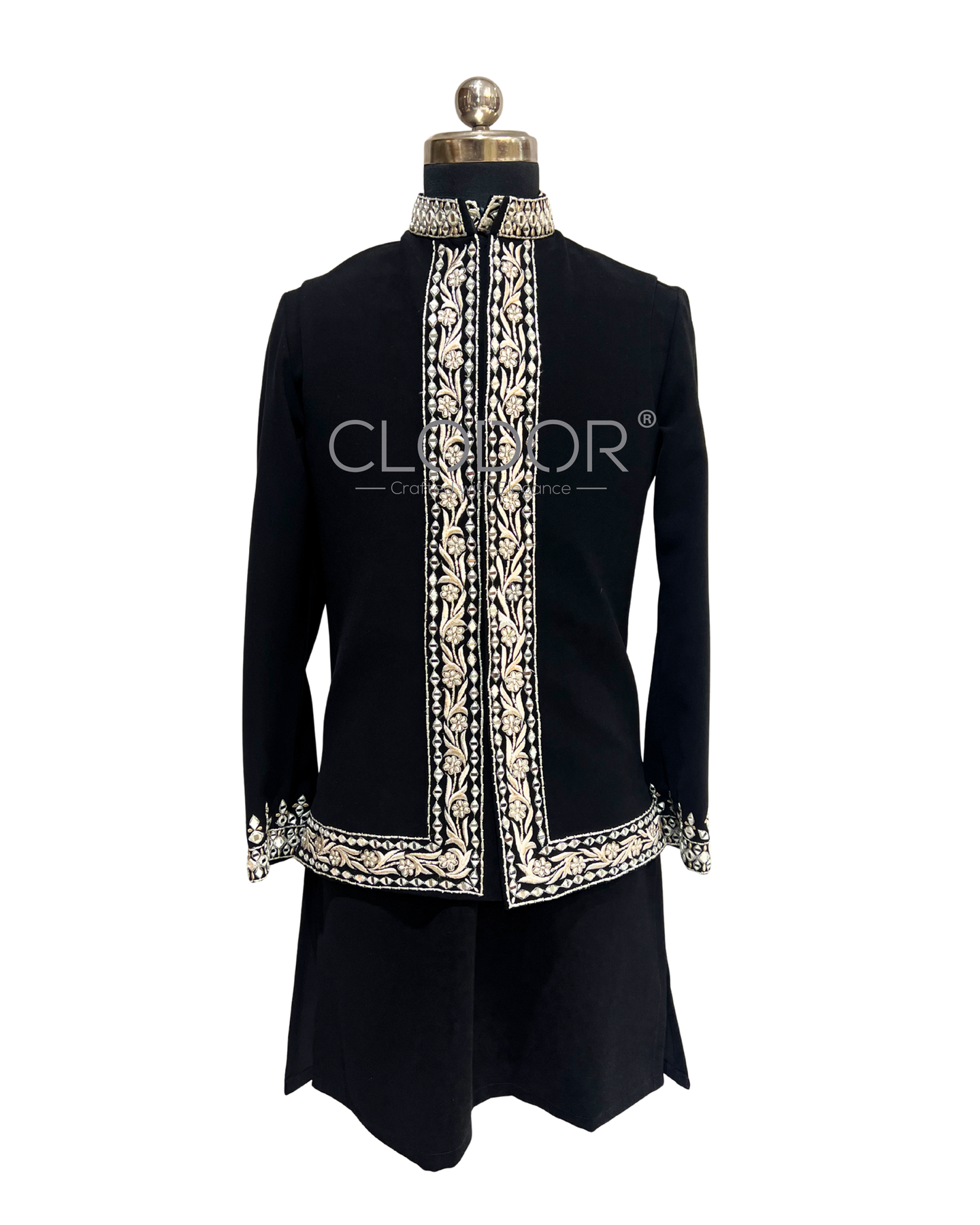 Intricate border-style beige-gold resham and authentic mirror work on black Japanese crepe bandi