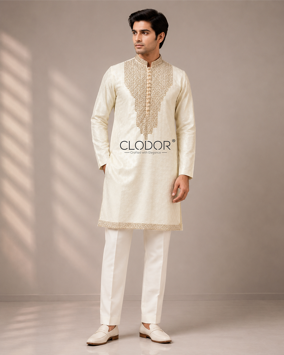 Banarasi Boota Hand Embroidered Kurta Ensemble for men in cotton jacquard with cutdana resham and pearl embroidery – bespoke
