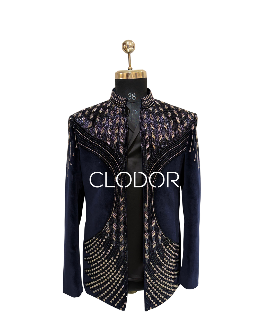 Intricate cut dana nalki and pearl heavy hand embroidery on blue cotton velvet shrug – Clodor