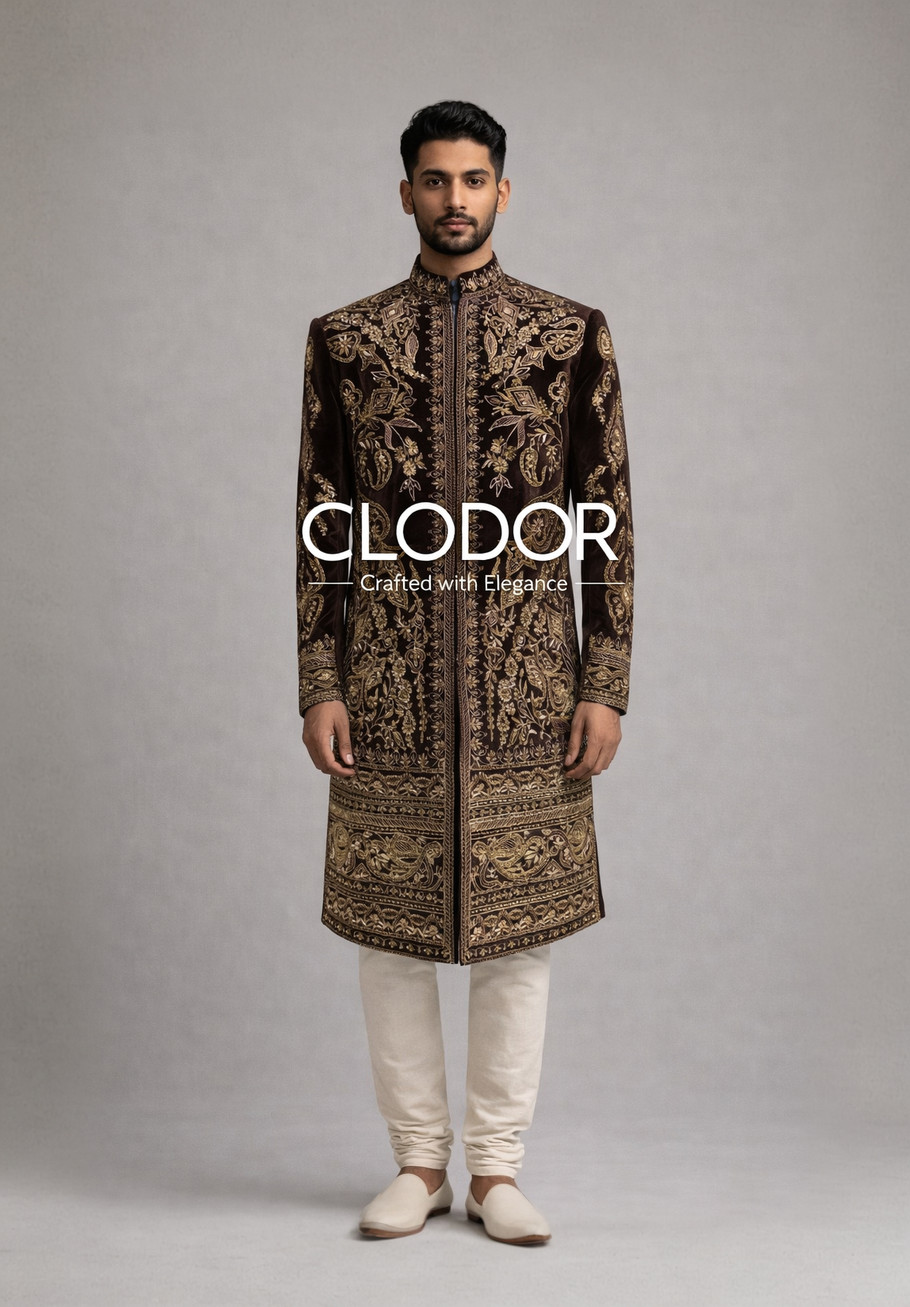 Regal Brown Velvet Indo-Western Ensemble for men in cotton velvet with heavy dabka hand embroidery