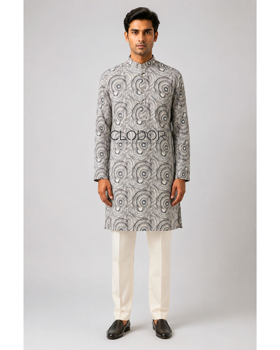 Full length bamboo printed kurta set with off-white trousers – contemporary menswear by Clodor