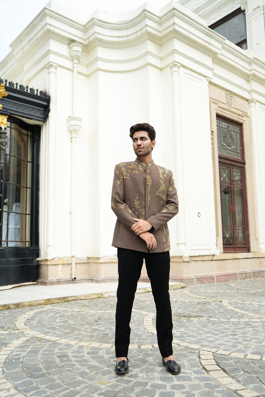 Desert Emperor brown bandhgala for groom in textured tensile with antique gold dapka pearl and resham hand embroidery – bespo