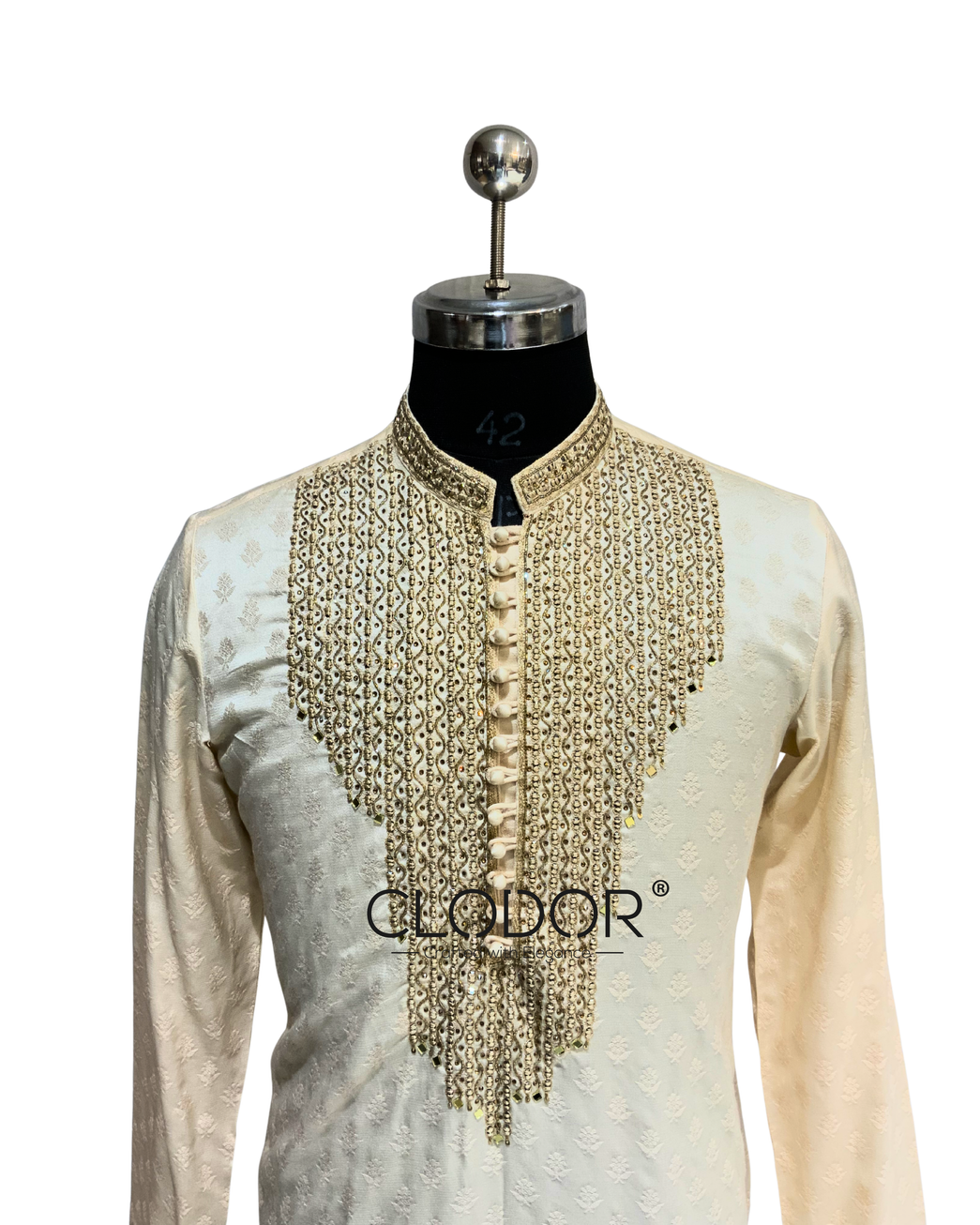 Elegant potli button detailing on placket of Banarasi Boota Hand Embroidered Kurta – Clodor