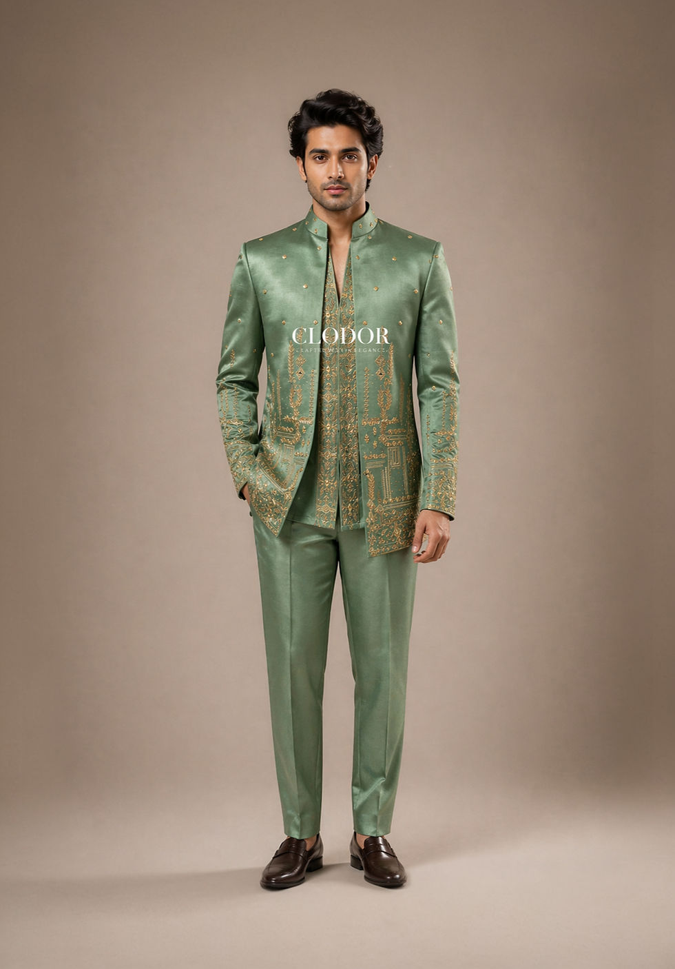 Emeraude emerald green zardozi shrug set for men in 60gm silk with zardozi hand embroidery