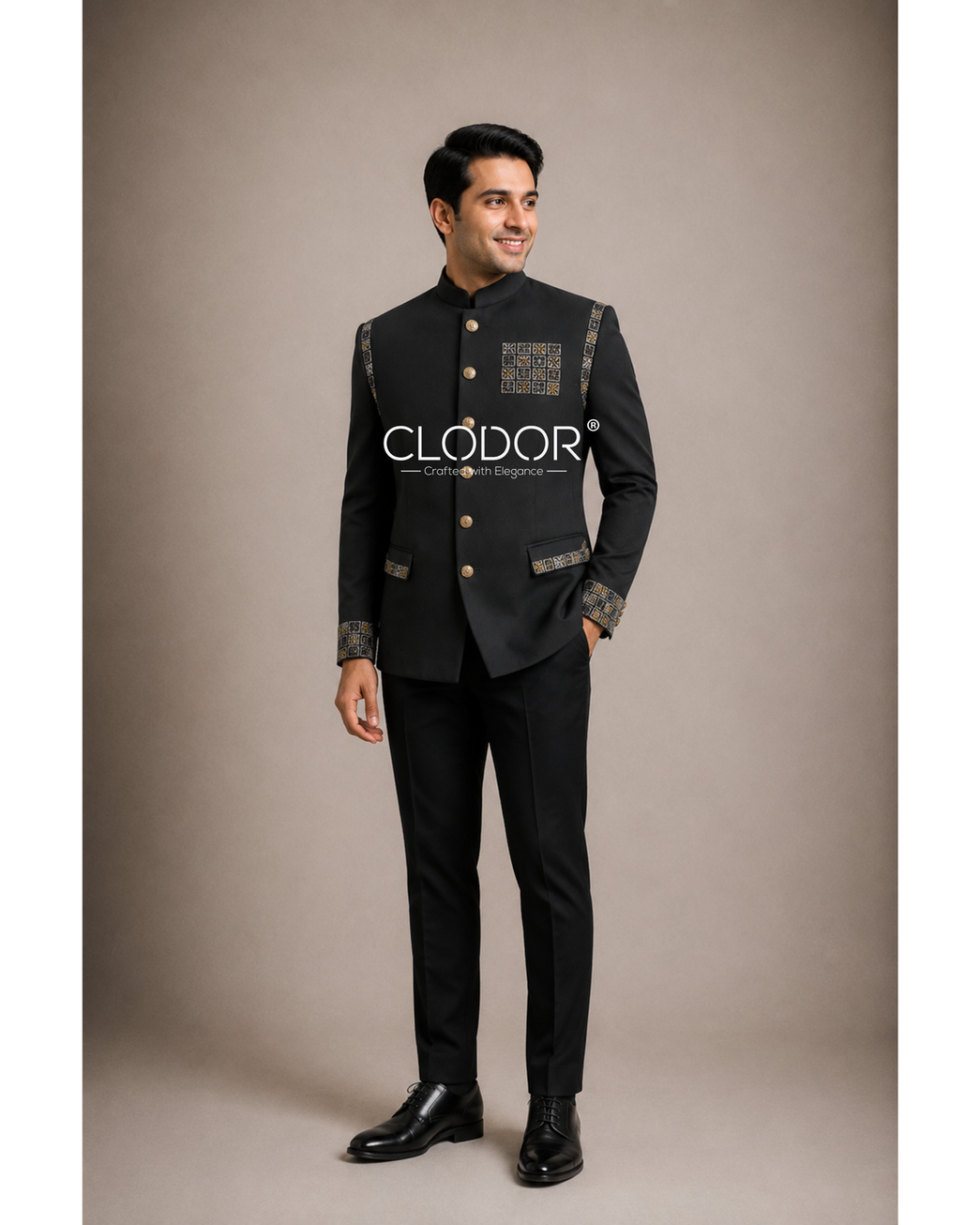 Noir Detail Japanese black bandhgala set for men with subtle handwork on pockets and cuffs – bespoke by Clodor