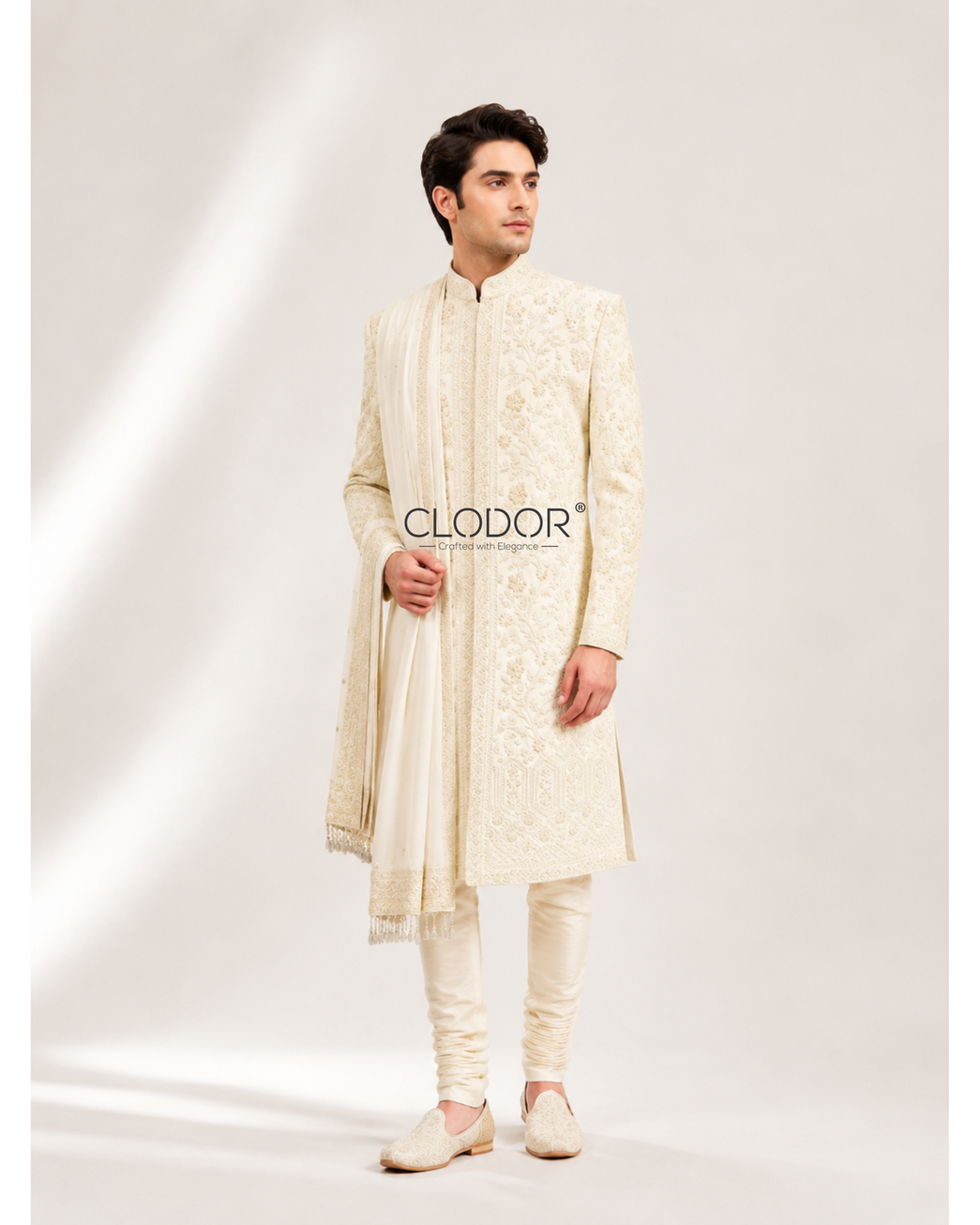 Full length ivory groom sherwani with same tone kurta churidar stole and saafa – bespoke wedding wear by Clodor