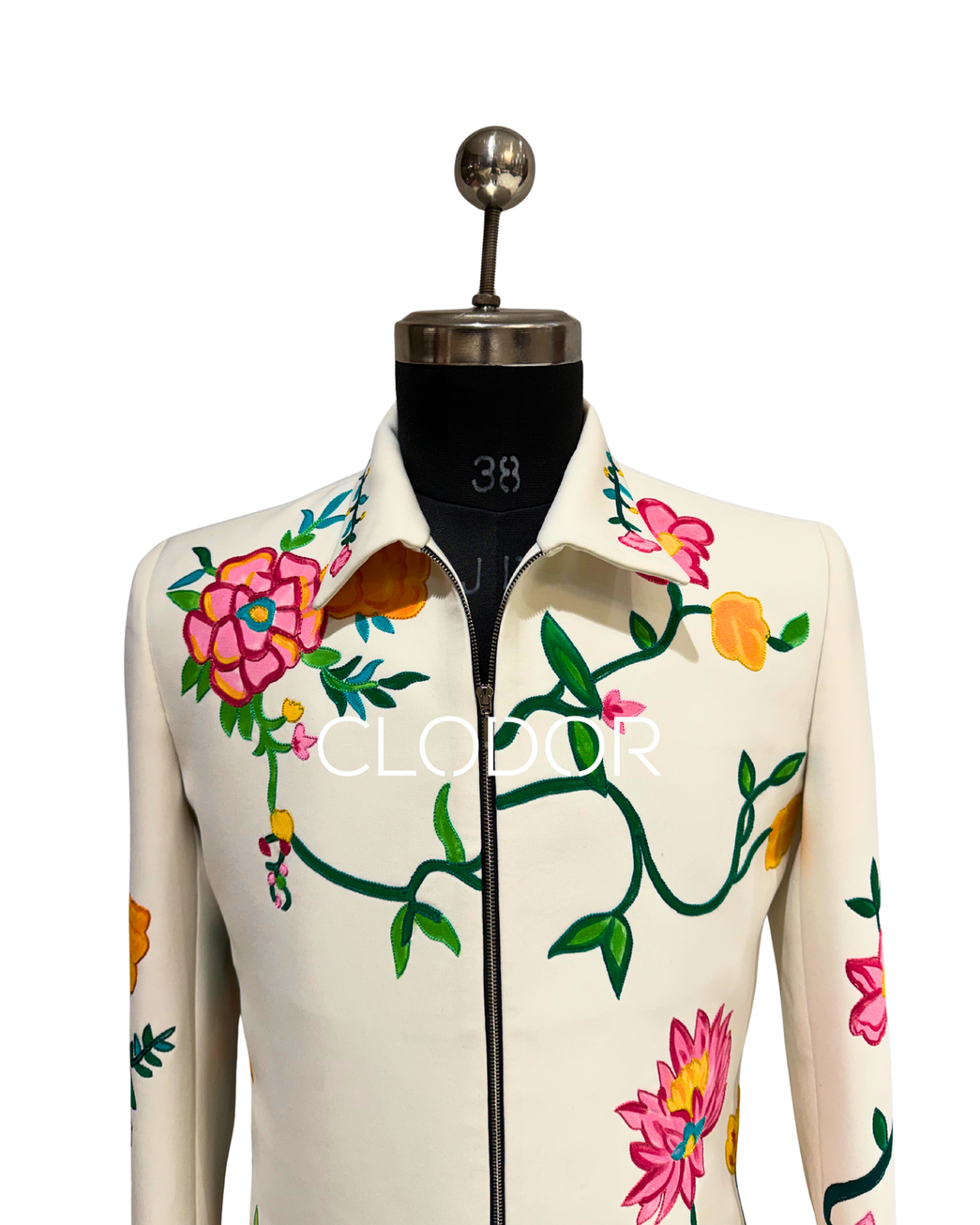 Sleek modern zipper silhouette on white floral hand painted jacket