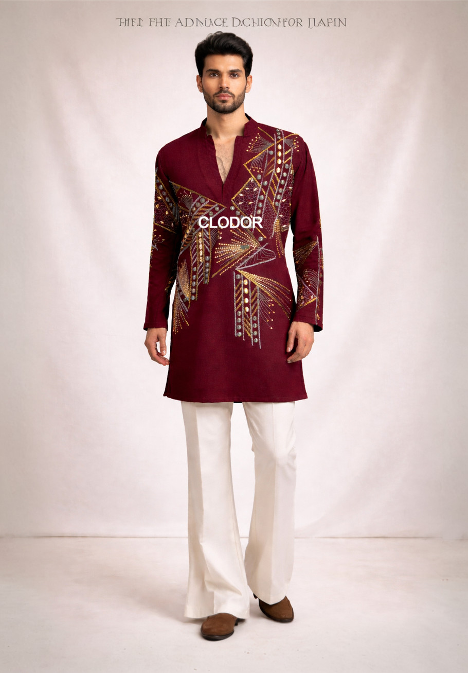 Crimson Spark Embroidered Shimmer Kurta Ensemble for men with heavy geometric hand embroidery and V-cut neckline – bespoke by