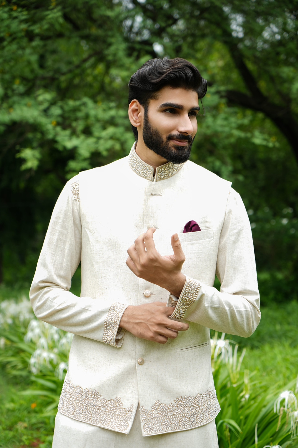 Delicate pearl and resham embroidery on kurta borders of ivory linen bandi set