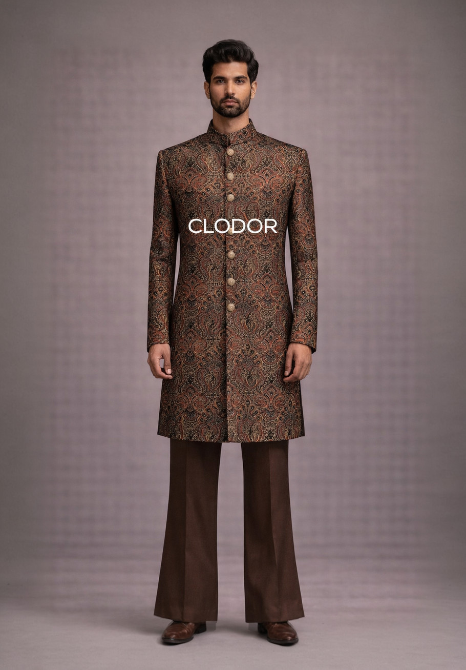 Resham Imperiale silk achkan set for men in pure silk with all-over resham thread embroidery