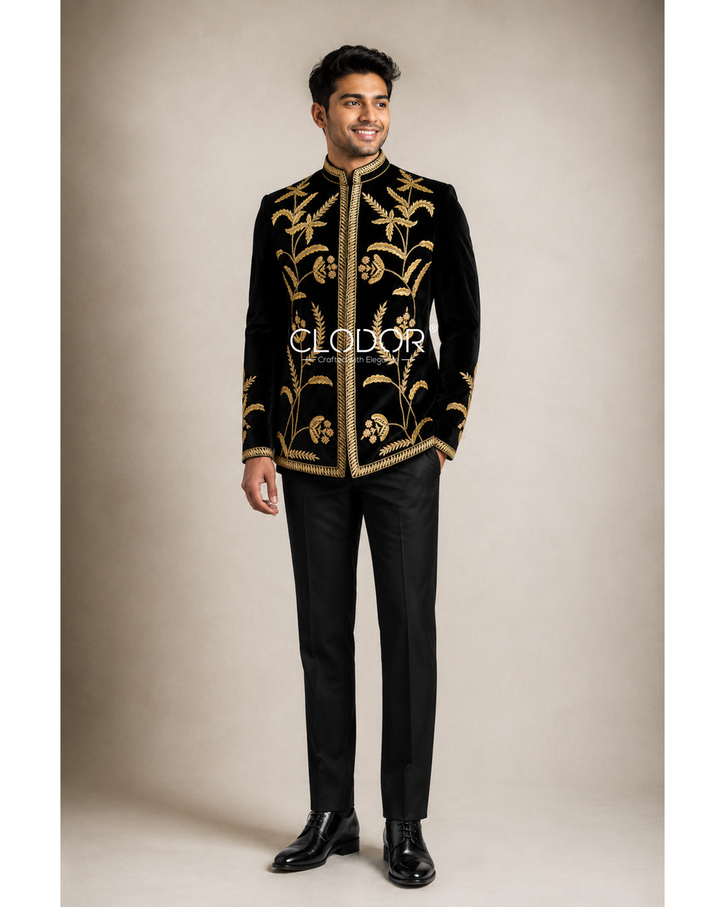 Full length black velvet bandhgala with black trousers – bespoke menswear by Clodor