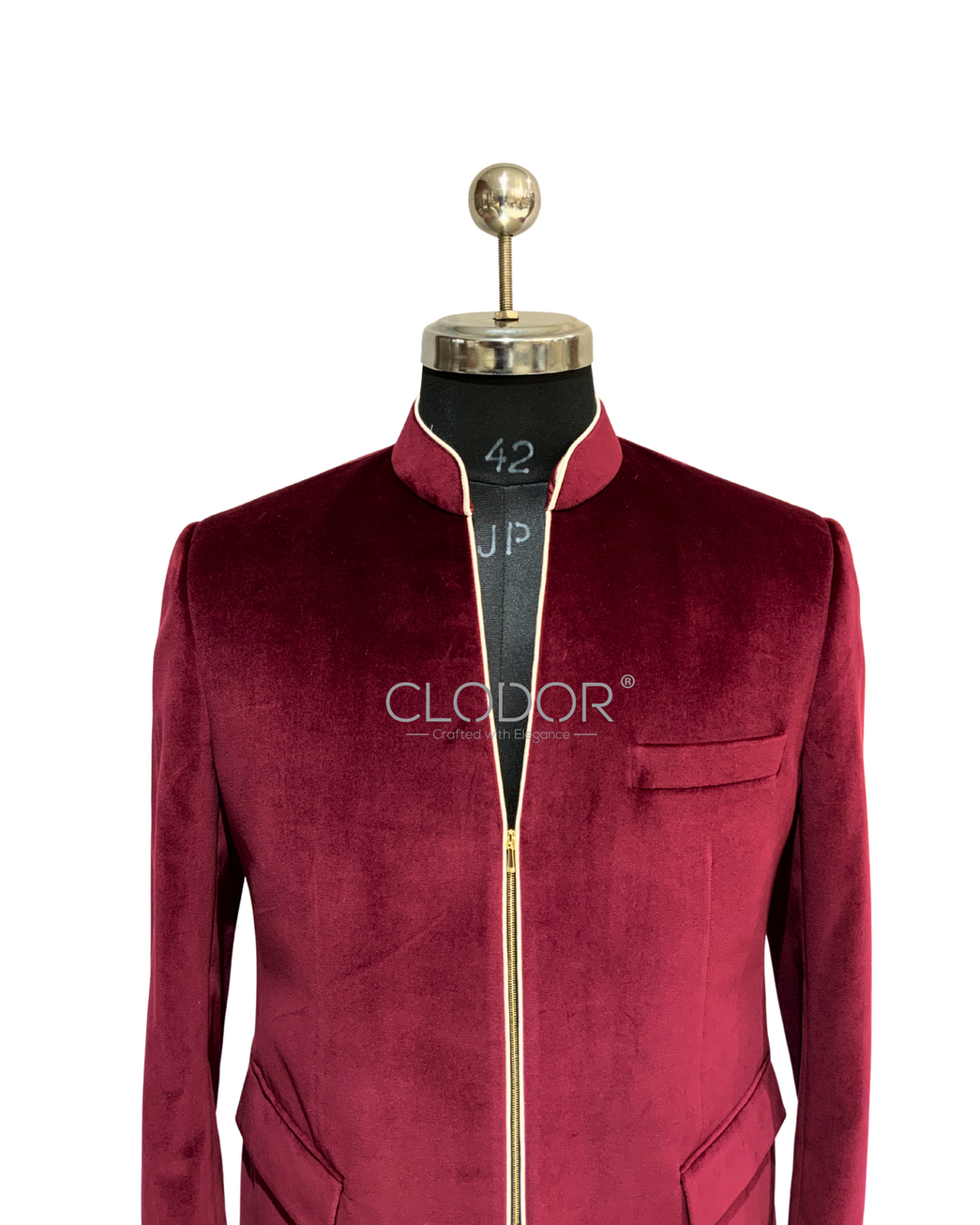 V-cut neckline and rounded hem on red velvet bandhgala for men