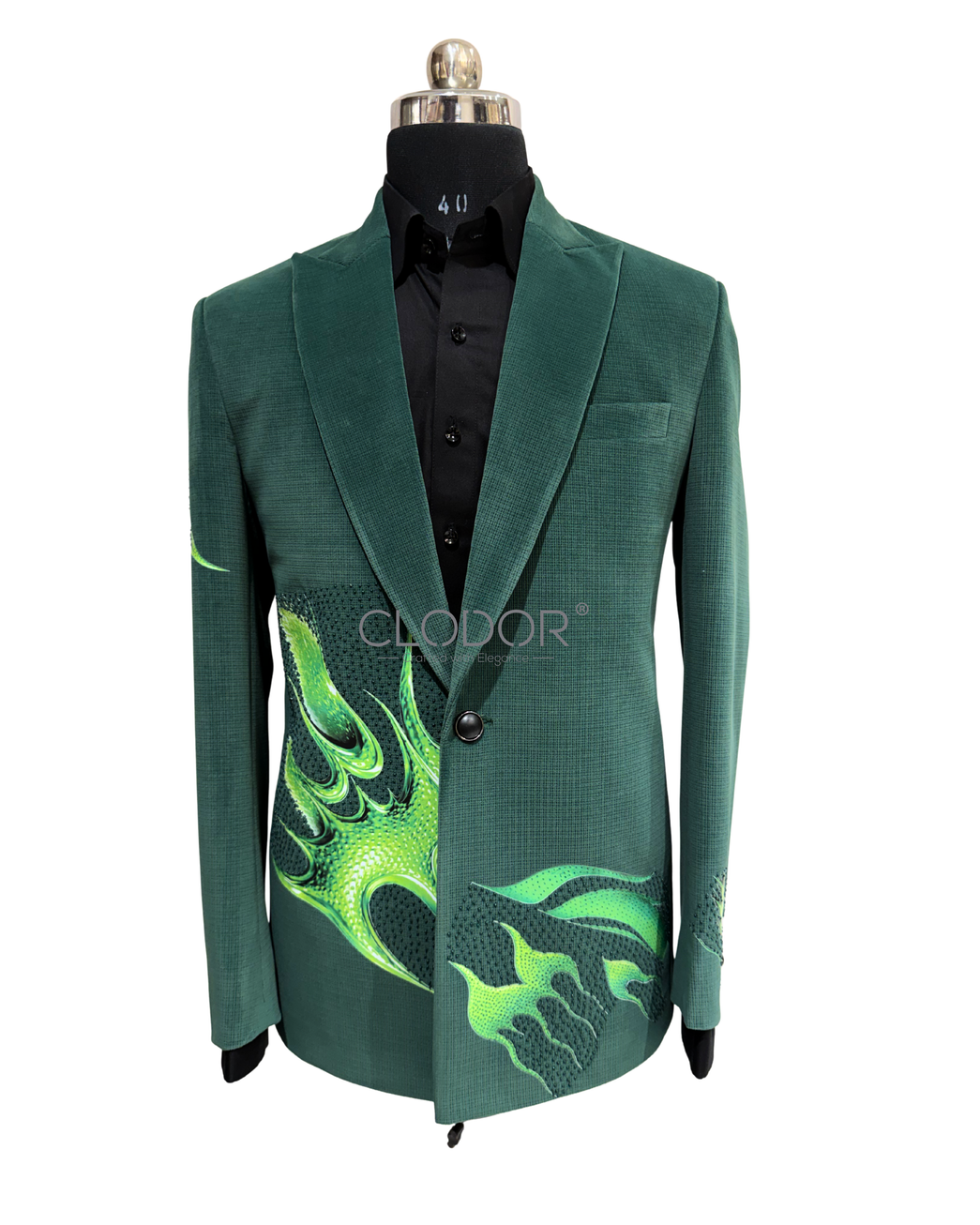 Emerald Flame green velvet blazer for men with flame-inspired screen print and hand embroidery – bespoke by Clodor