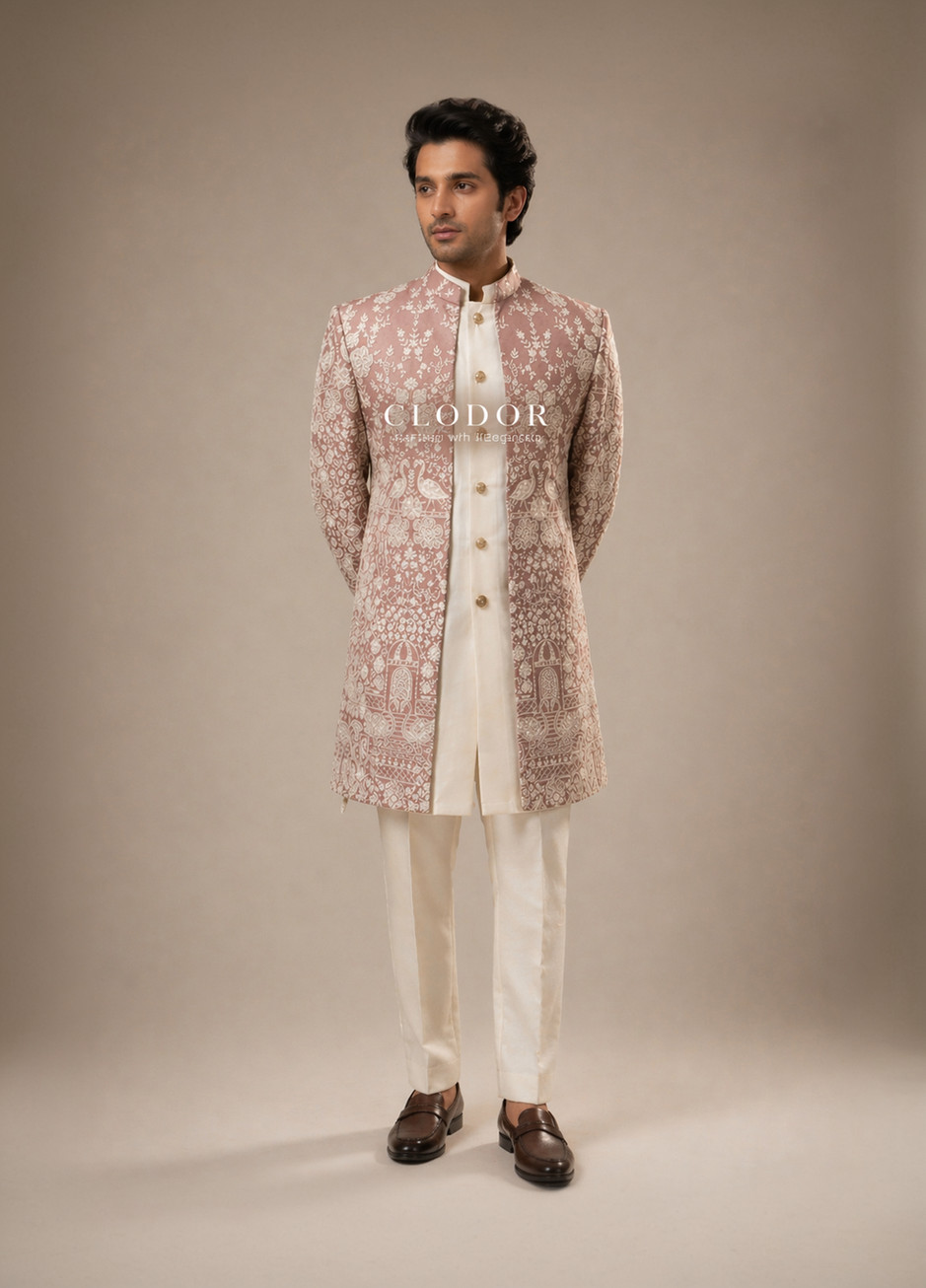 Blush Royale pink shrug set for men in georgette with all-over embroidery over cotton silk kurta