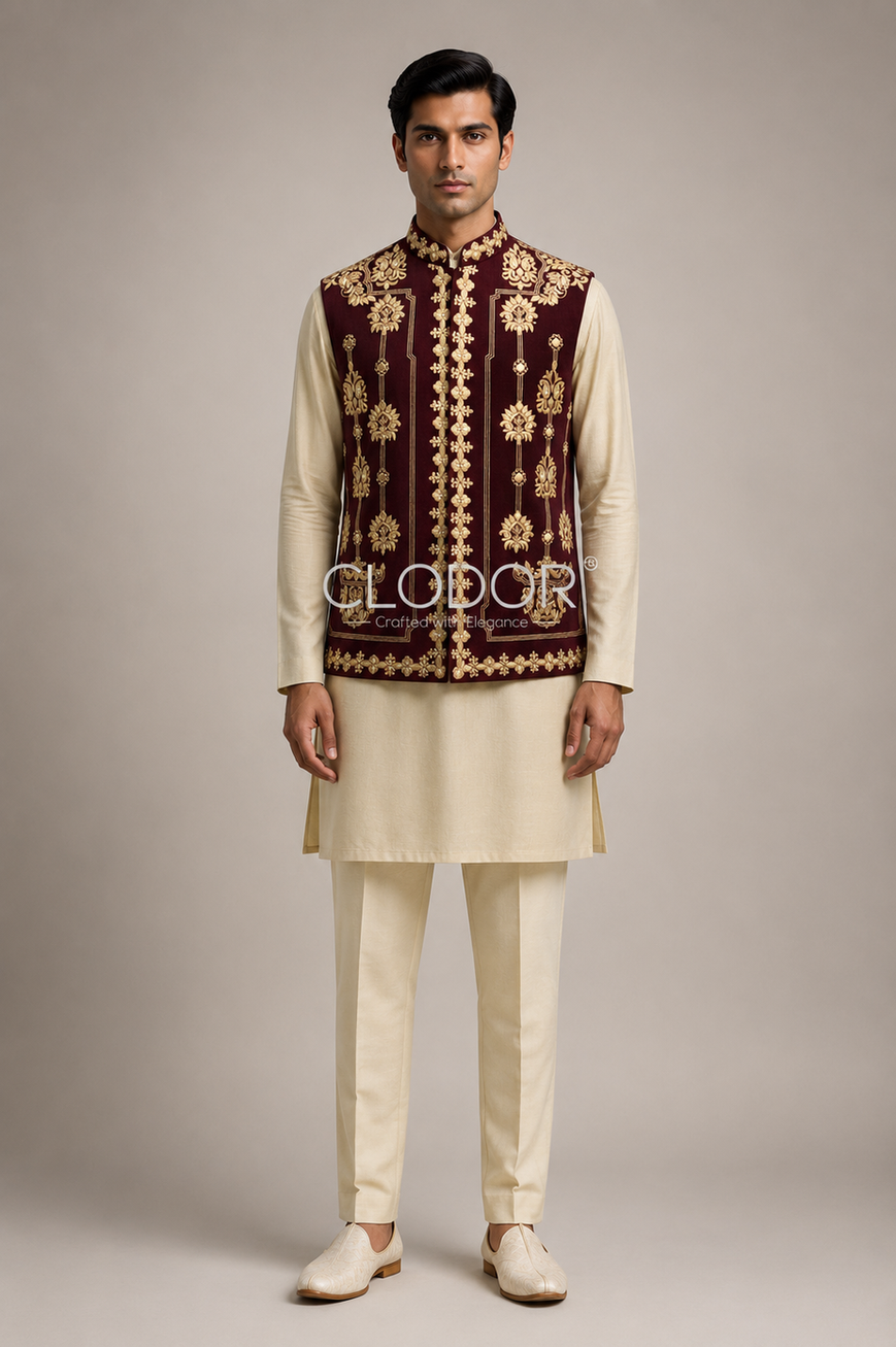 Crimson Resham Embroidered Linen Bandi Ensemble for men with beige and antique gold resham hand embroidery – bespoke by Clodo