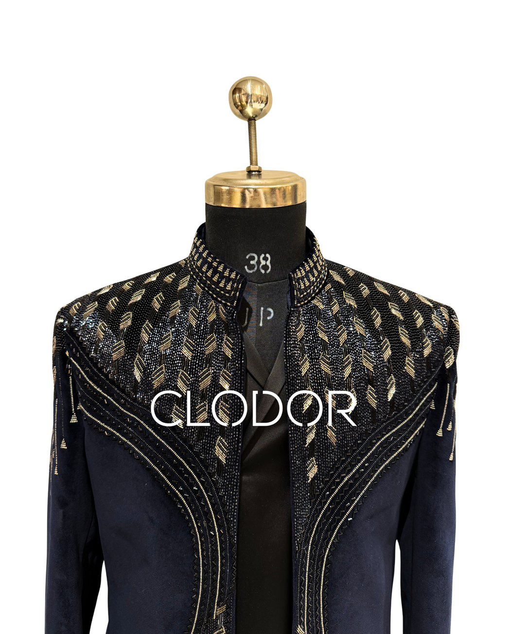 Double-breasted pattern satin shirt layered under blue velvet handcrafted shrug – Clodor