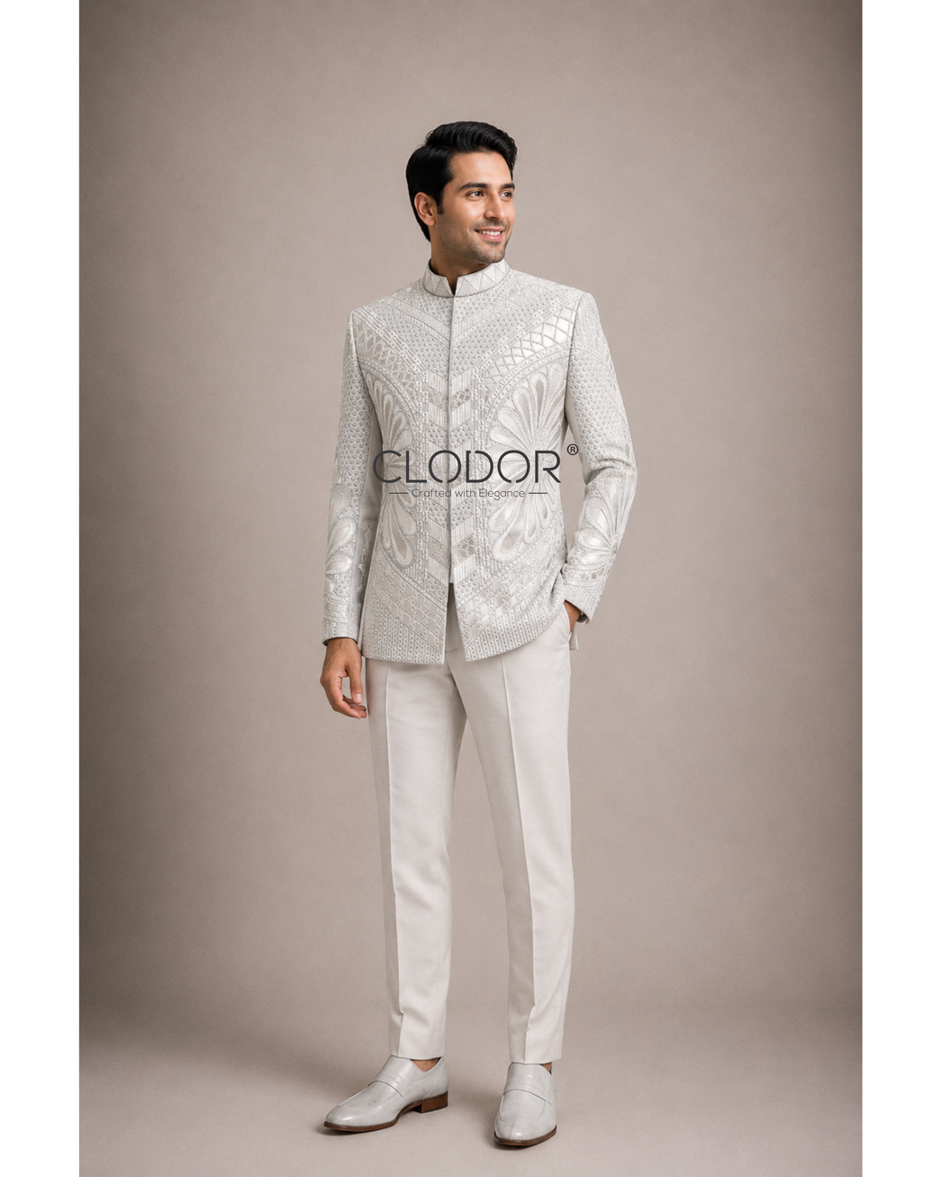 Silver Frame grey bandhgala set for men in sherwani-style with frame-based machine embroidery and foil detailing