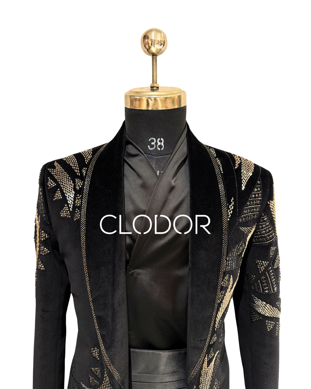 Embroidery-detailed lapel with nalki and cut dana handwork on black cotton velvet tuxedo