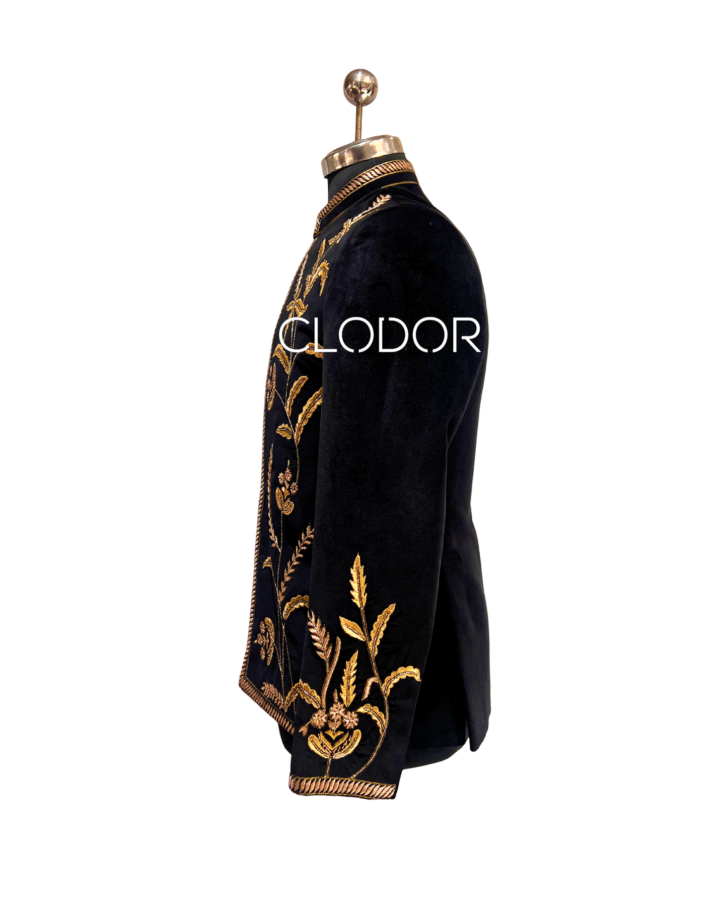 Deep luxurious black cotton velvet texture on Regal Zardozi Bandhgala Ensemble – Clodor