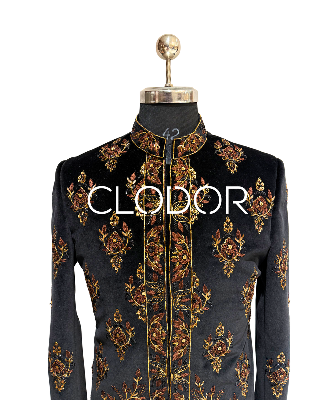 Heavy antique gold hand embroidery motifs on black cotton velvet achkan