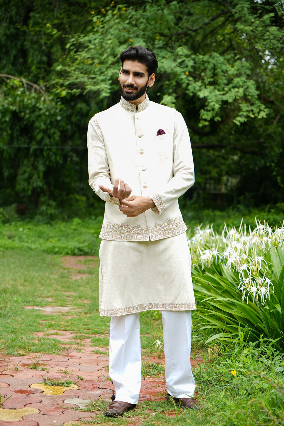Ivory Regal Pearl linen kurta bandi set for men with pearl and resham hand embroidery – bespoke by Clodor