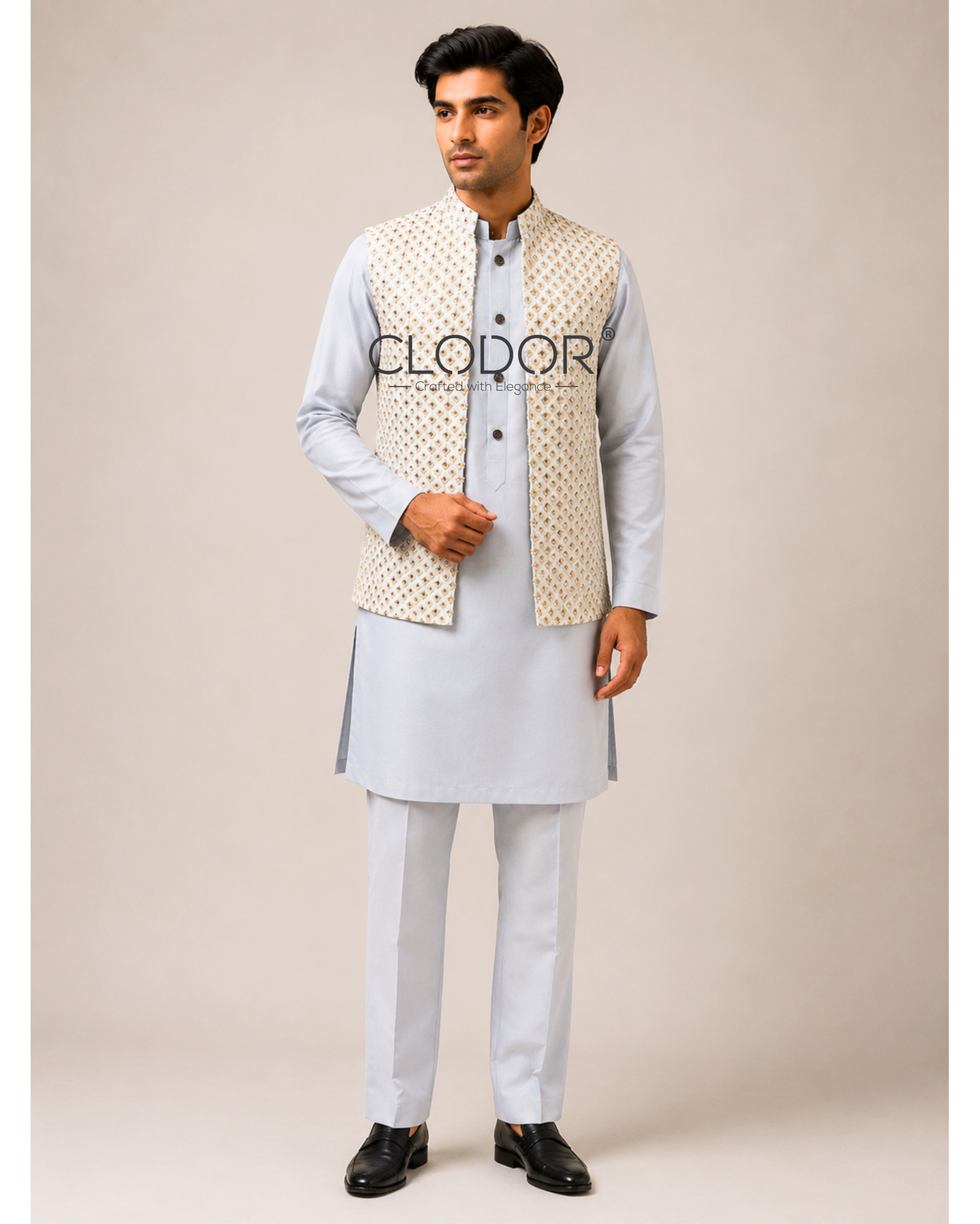 Full length silk mirror work bandi set with sherwani kurta and same tone trousers – bespoke menswear by Clodor