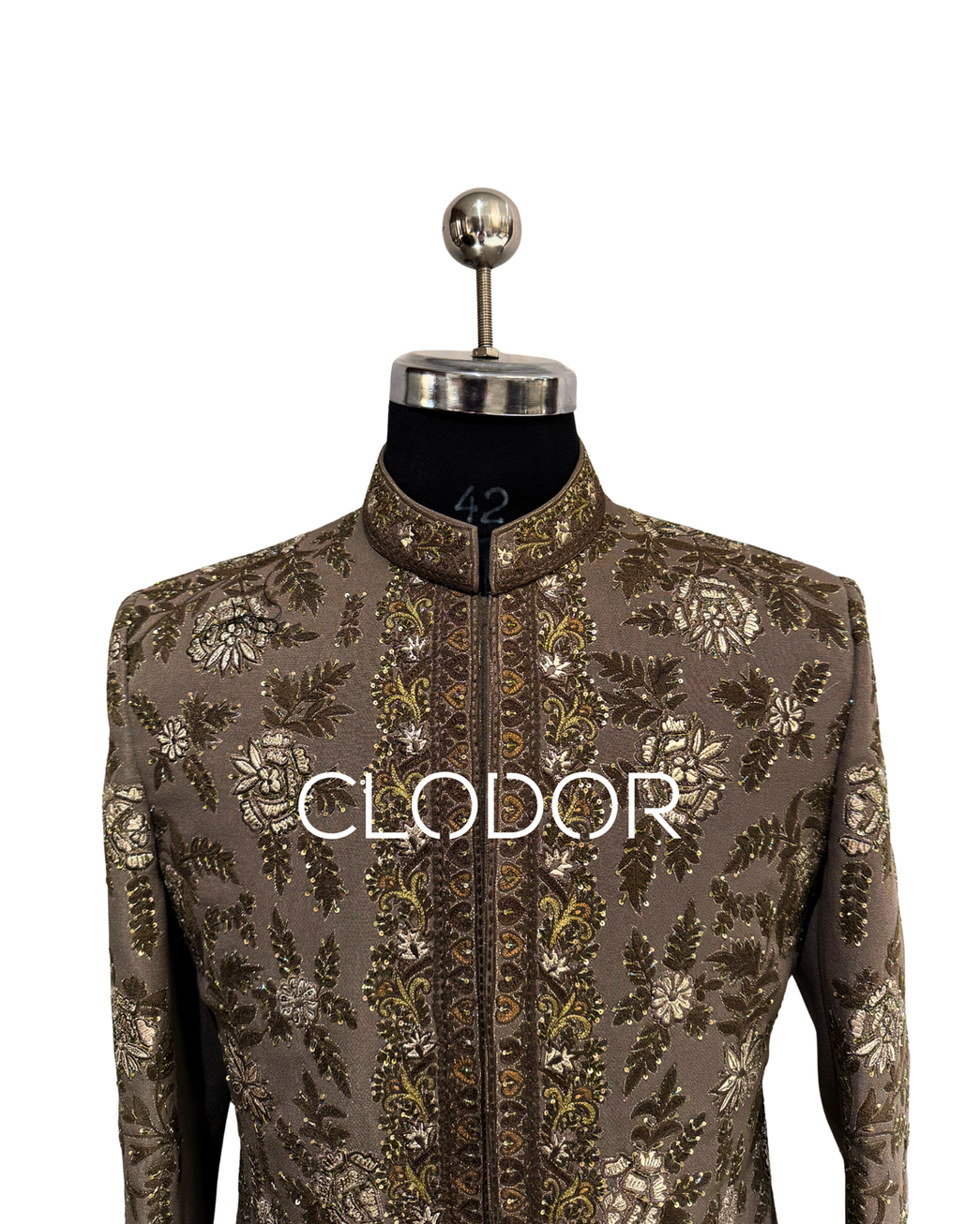 Luxurious metallic foil work with cutdana and sequin hand embroidery on brown crepe indo-western