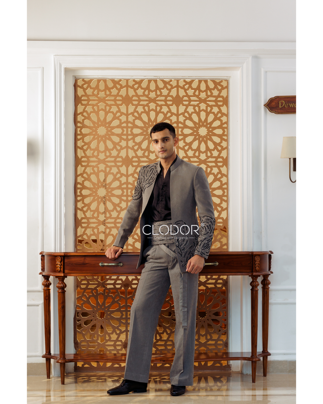 Grey suede embroidered shrug with matching kamarbandh detailing — bespoke by Clodor.