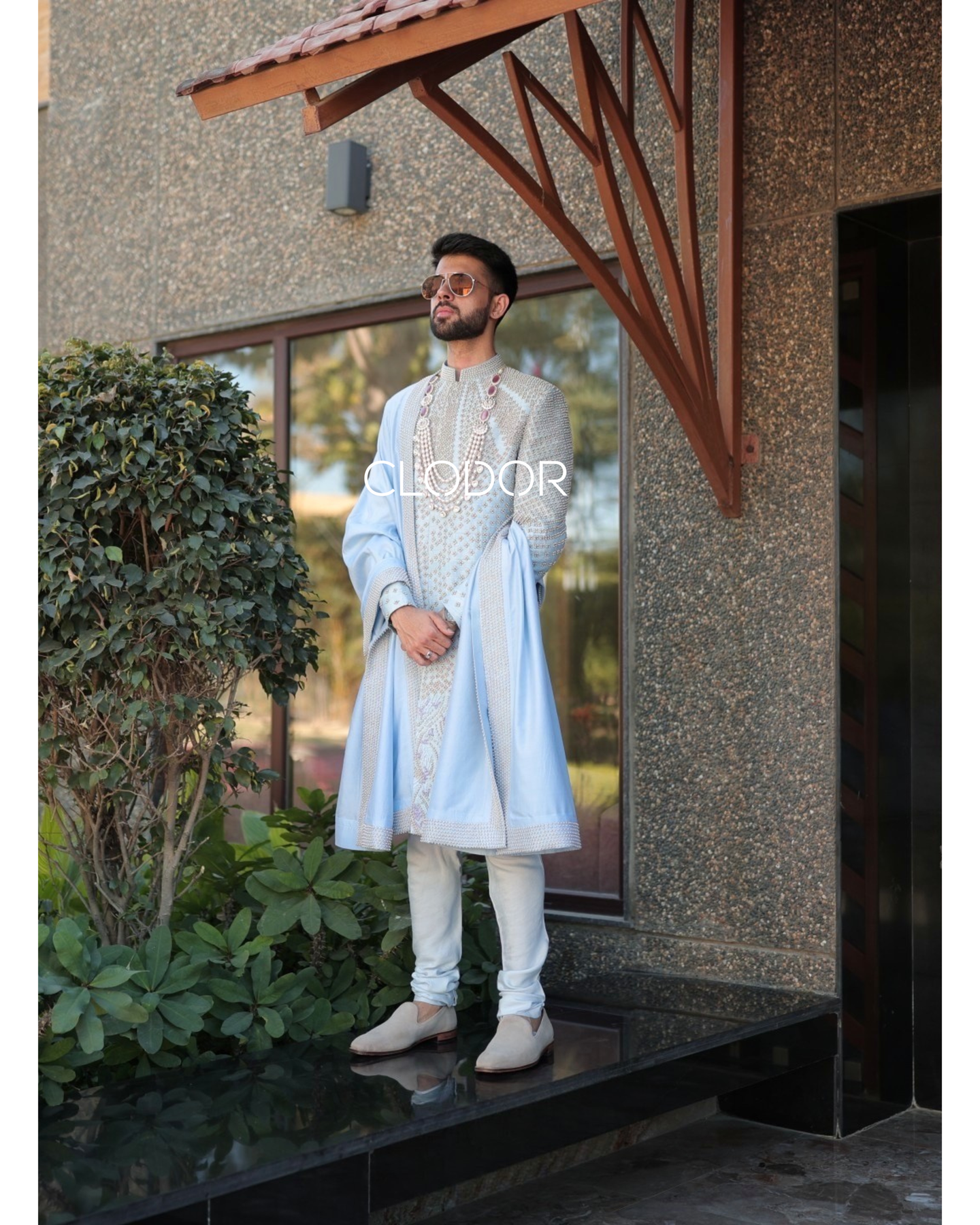 Ice Blue Heirloom powder blue sherwani for groom in dupion silk with dabka and pearl hand embroidery