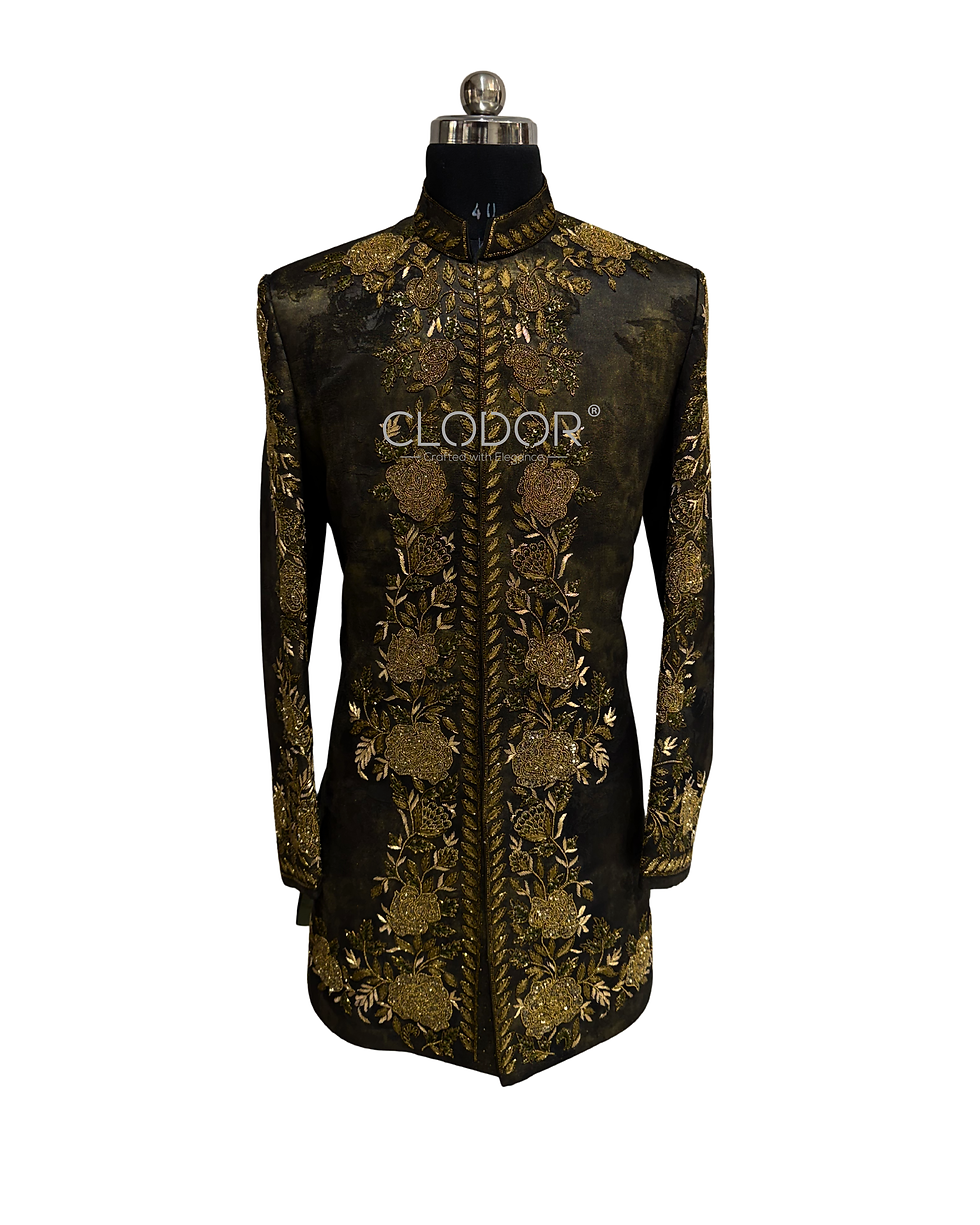 Emerald Shahi green achkan set for groom in Turkey imported fabric with antique gold hand embroidery