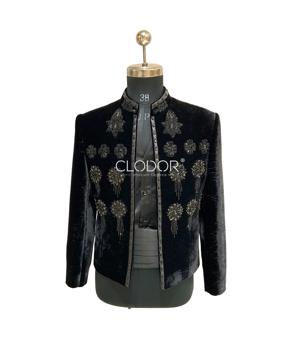 Coordinated cummerbund and V-cut satin shirt detail on black velvet crop jacket set