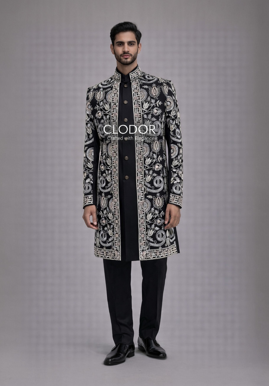 Black Embroidered Shrug Set with intricate Resham hand embroidery, sherwani-pattern kurta, and black trouser by CLODOR